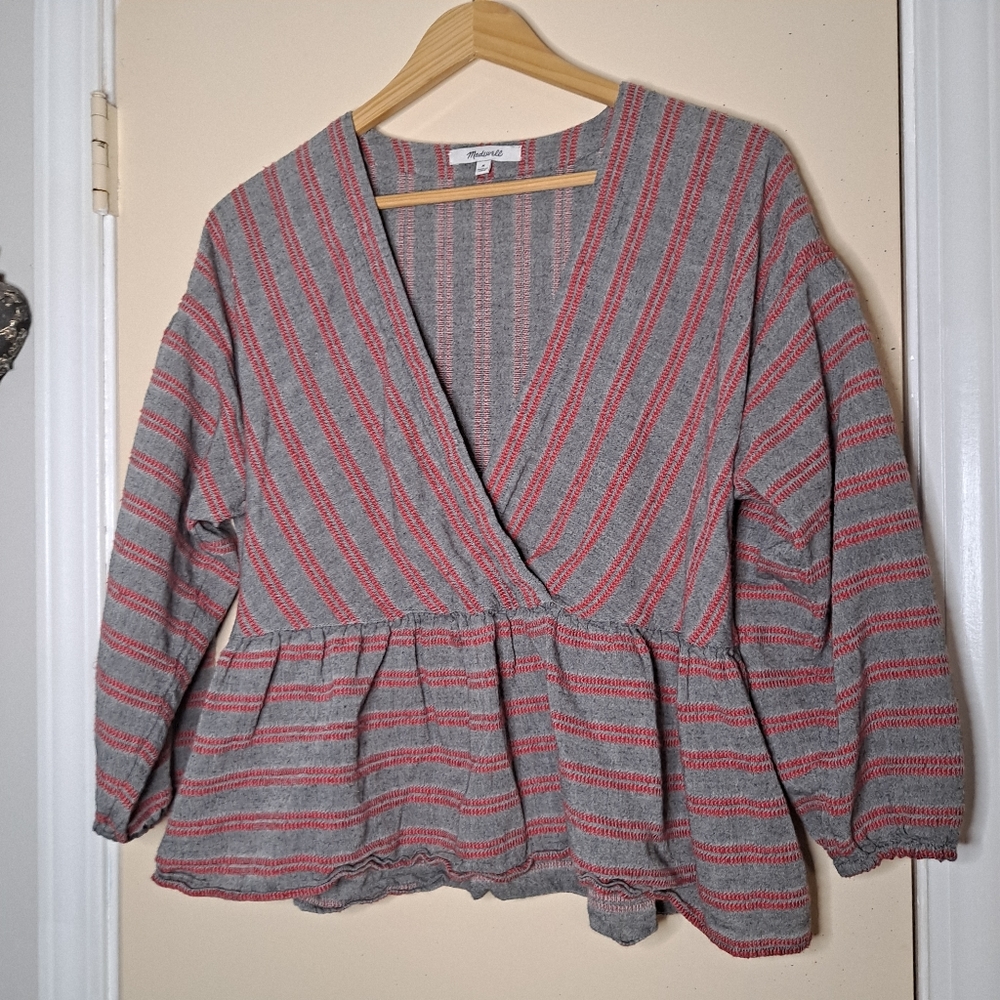 Madewell red and grey striped blouse